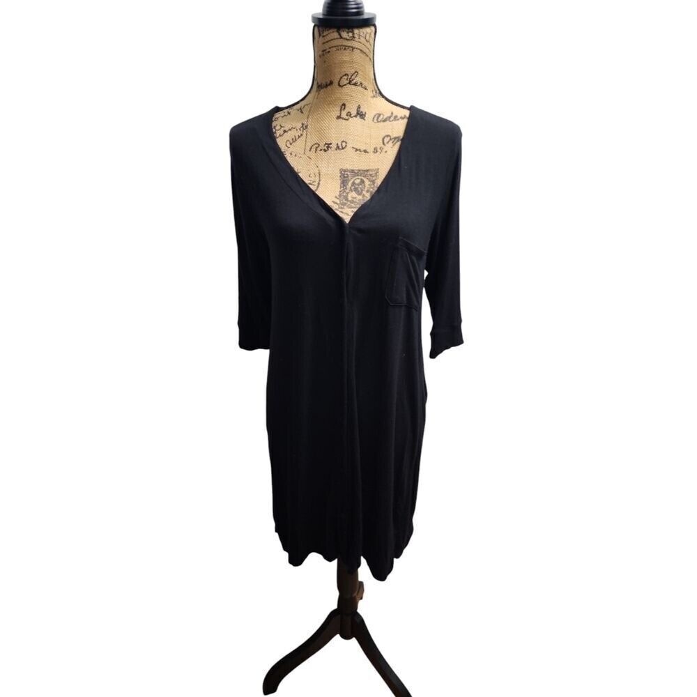 DKNY Black V-Neck Knit Dress Casual 3/4 Sleeve Pocket Front Size M